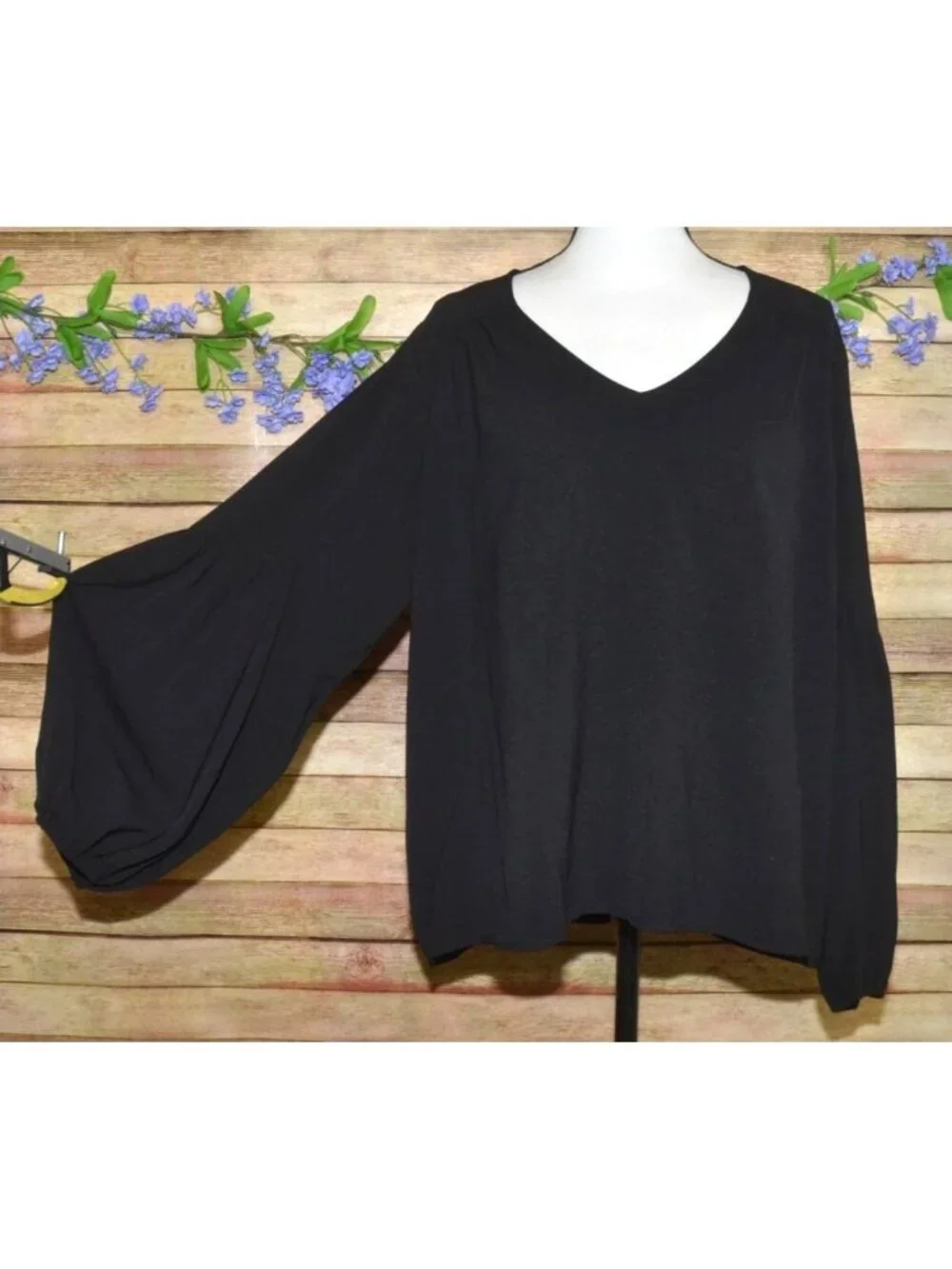 ee:some Ladies Black V-Neck Pullover Blouse Top Size L Balloon Sleeves Career